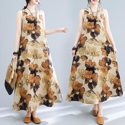 Real Summer New Literary Loose Cotton and Linen Printing Round Neck Sleeveless Dress Women's Medium and Long