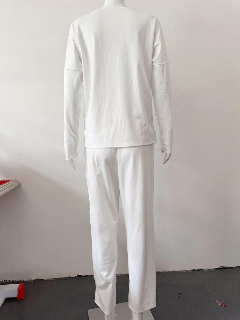 2024 Women's Solid Color Round Neck Long-Sleeved Suit with Pocket Pants
