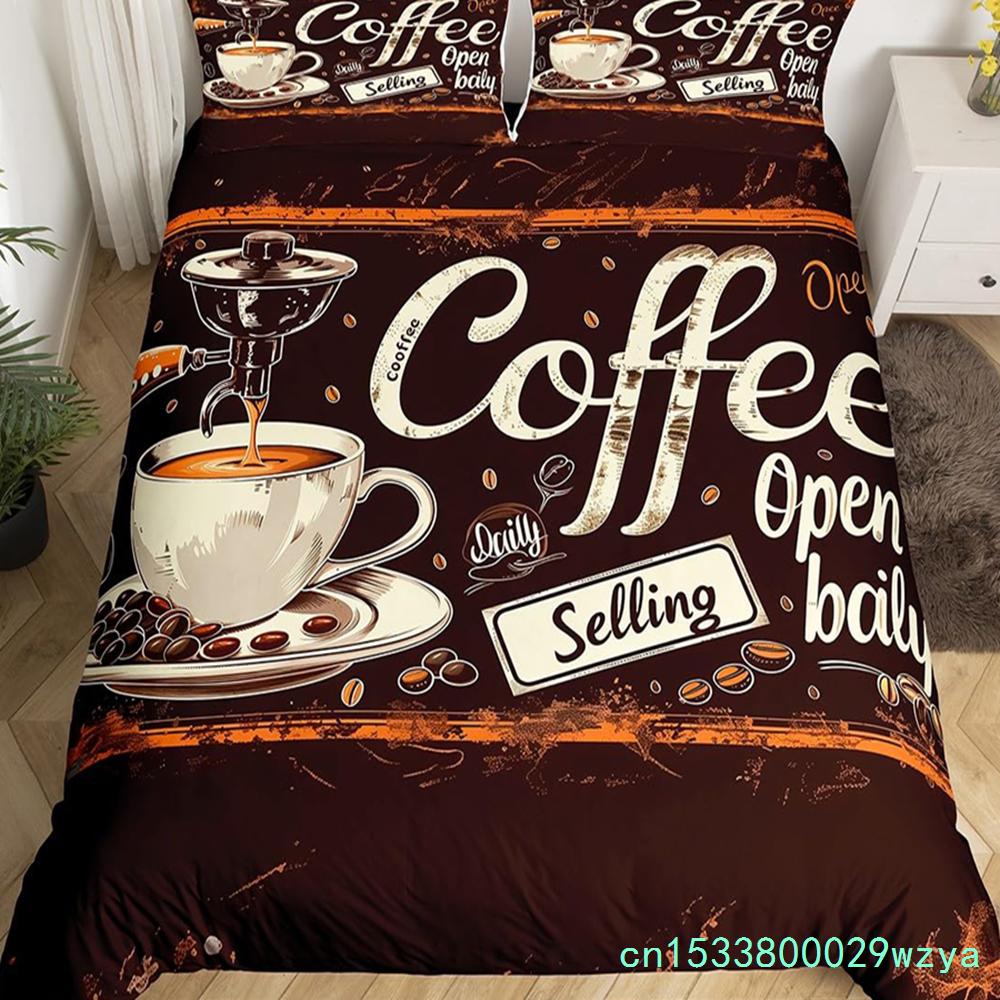 Coffee Duvet Cover Queen King Cartoon Coffee Drink Cup Print Bedding Set Coffee Lover Comforter Cover Modern Brown Quilt Cover