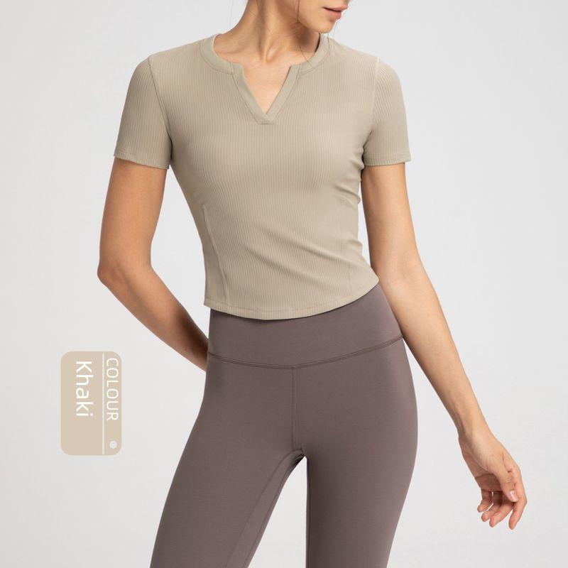 

Lu Same Sports T-Shirt Women 2025 New Arrival Best Selling Breathable Silm Slimming V-Neckline Short Sleeve Fitness Yoga Wear Tops Khakis XL