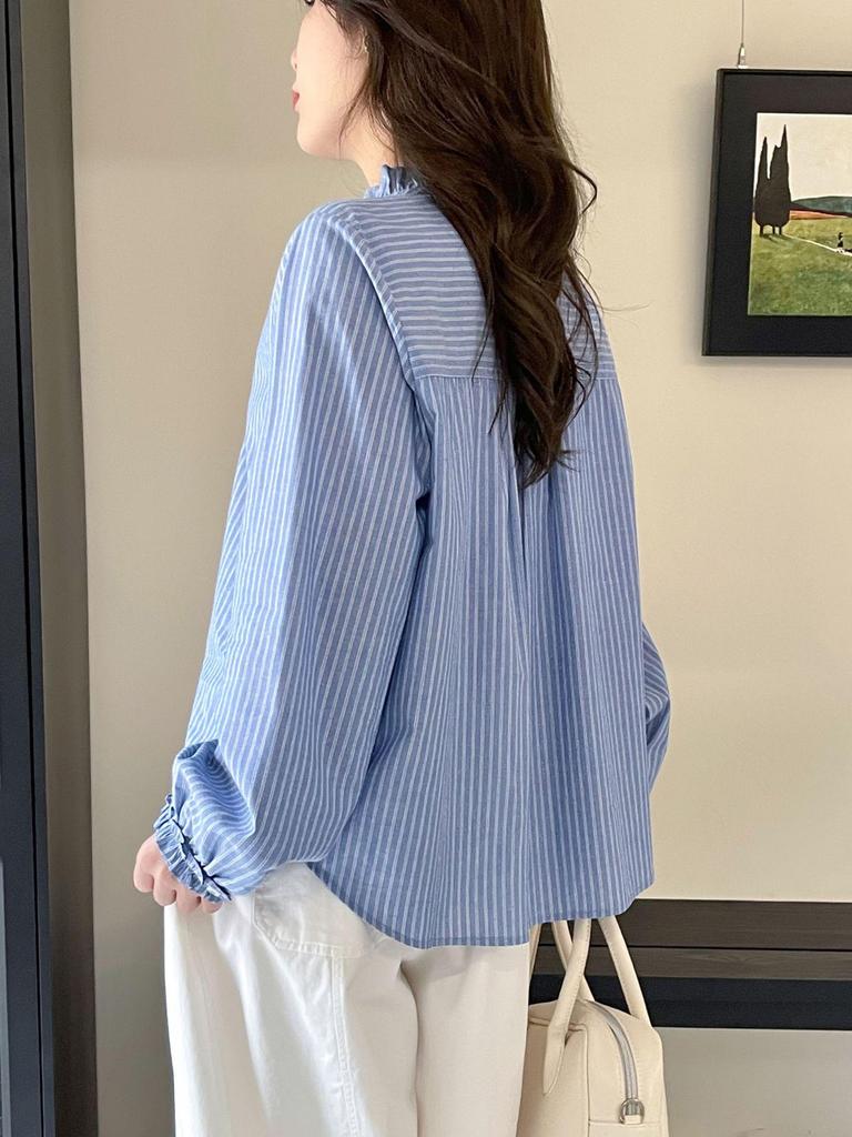 Spring 2026 Retro Stand Collar Ruffle White Shirt - Versatile Commuting Top