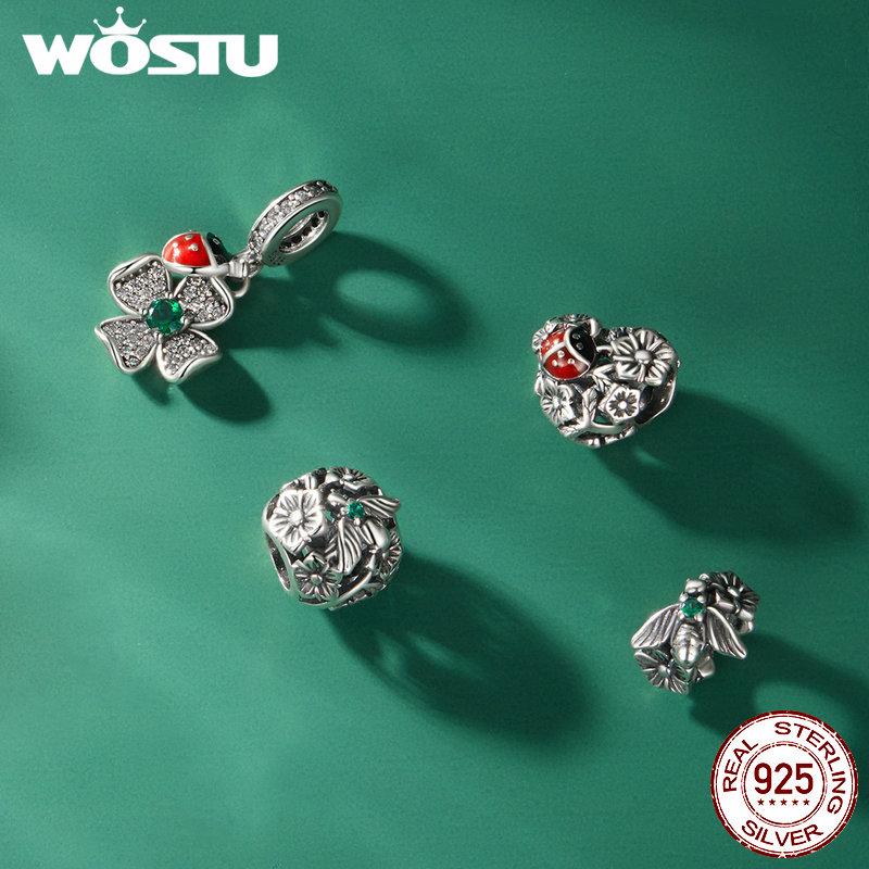 WOSTU 925 Sterlingsølv Lucky Firkløver Ladybug Charms Bee Beads Passer originalt armbånd DIY
