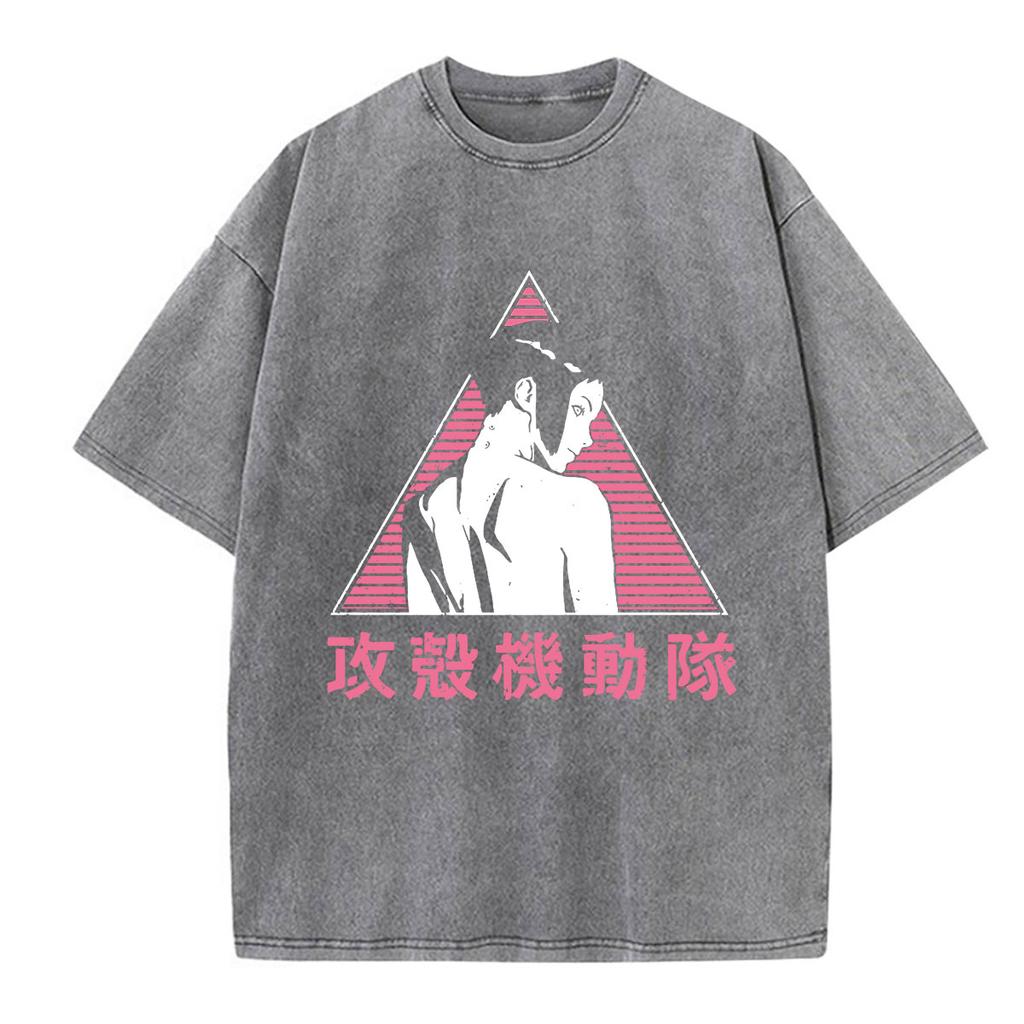 Anime Ghost In The Shell Motoko Kusanagi Vintage Washed T Shirts Men Women Clothing Casual Short Sleeve Oversized Tshirts Tops