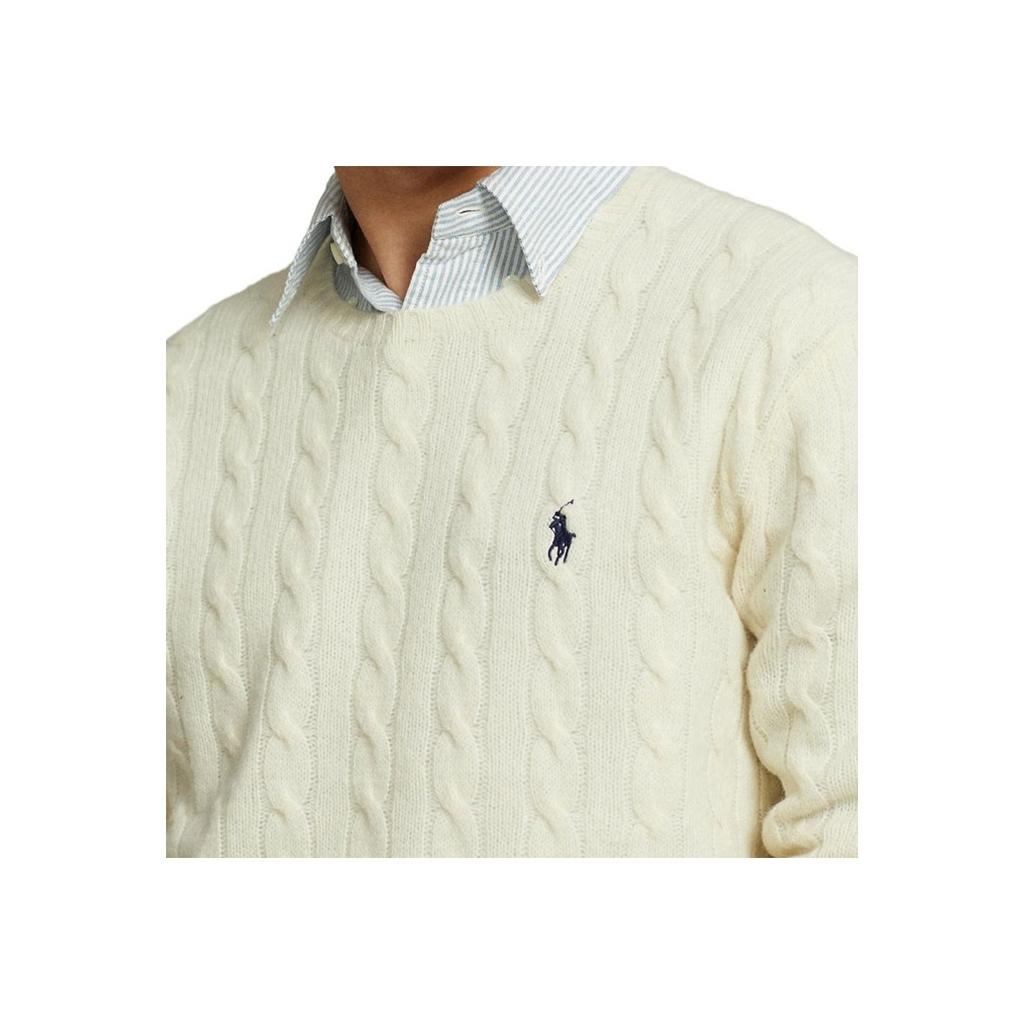 Polo Ralph Lauren FW22 Solid Logo Embroidered Cable Knit Cashmere Sweater Men Sweater Cream 710876762-010