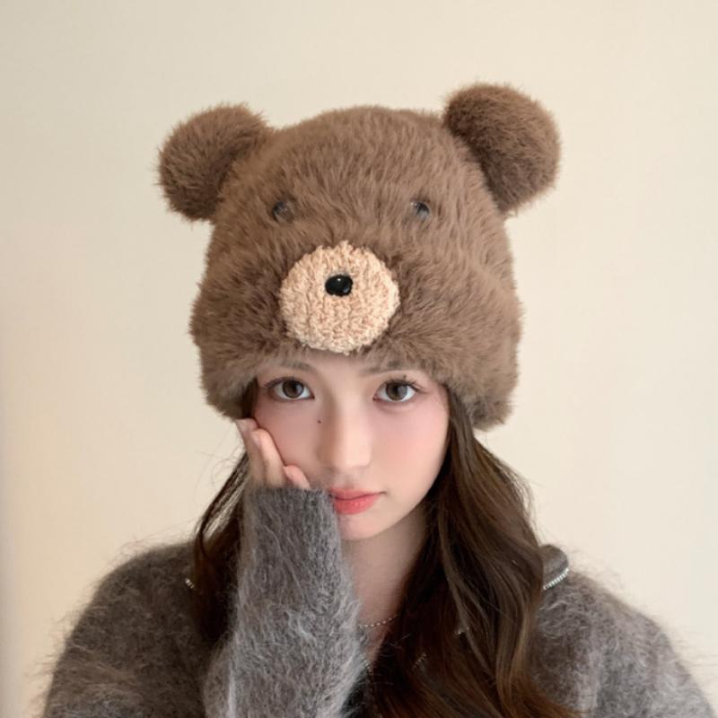 Vintage Brown Plush Bear Hats for Women In Winter Casual Warm Fashion Versatile Cute Pullover Beanies Cap