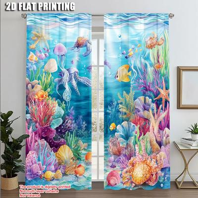 2pcs Contemporary Curtains 2D Print Ocean Sea Versatile Polyester Fabric (without Rod) All Seasons Perfect for Bedroom & Living