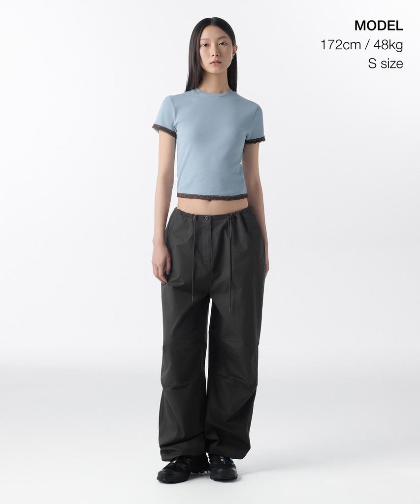 MUSINSA STANDARD WOMAN Women'S Slim Lace Trim T-Shirt [Cloudy Blue/Brown]