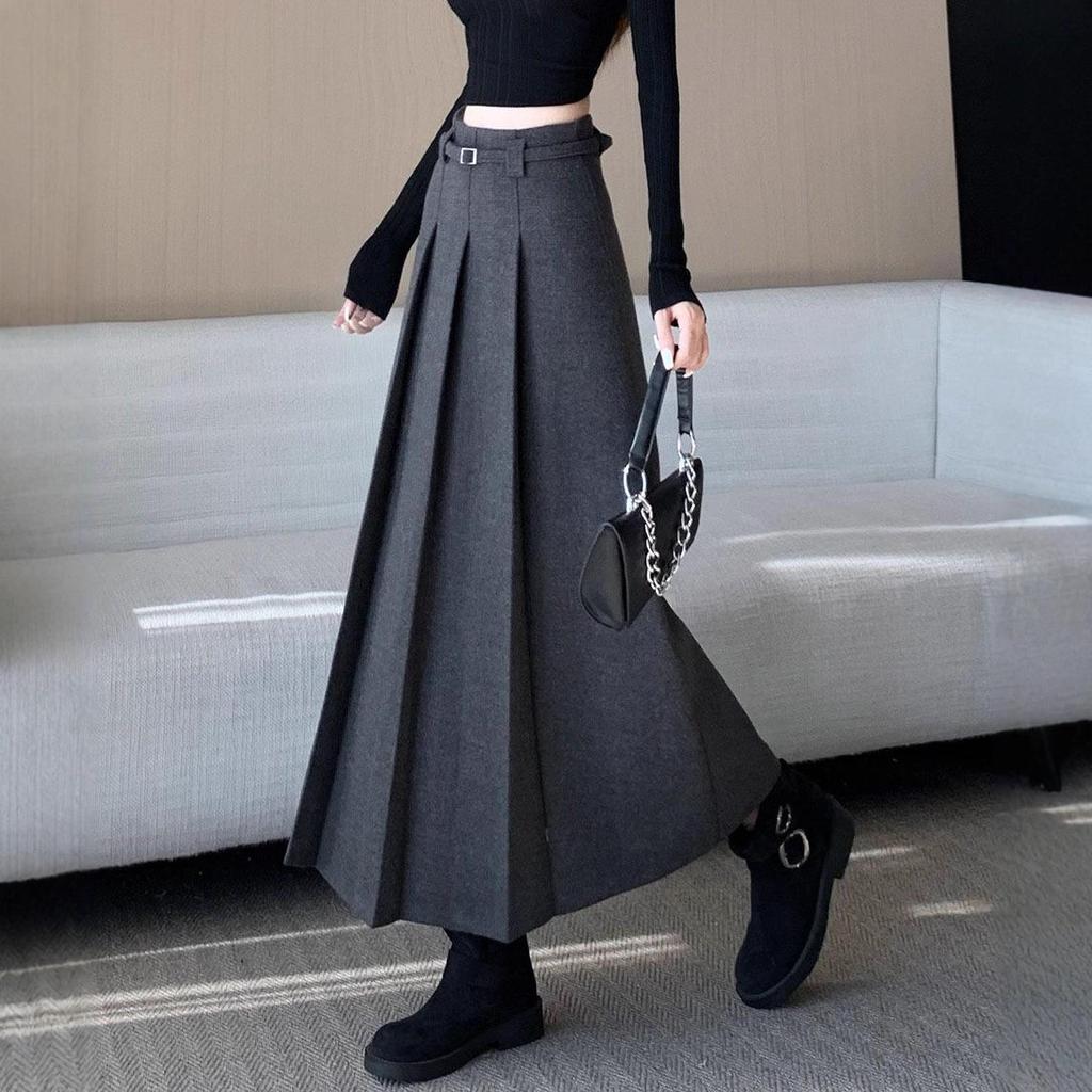 Elegant High-Waisted Gray Wool Pleated Skirt – Versatile Autumn/Winter Fashion for Women
