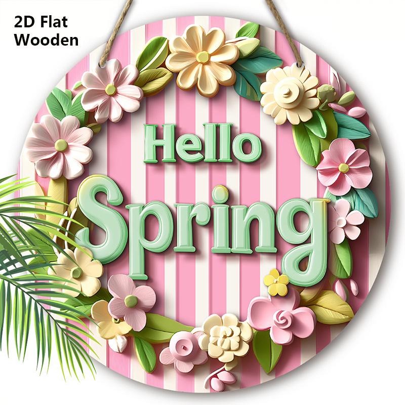 2D Flat, 1pc Hello Spring Wreath Wooden Sign Welcome Sign for House Patio Entry Door and Hallway Decoration Party Home Wall Art Decoration Spring
