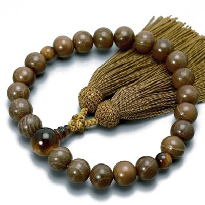 Buddhistische Gebetsperlen für Herren, Kyo-Stil, 22 Perlen aus japanischem Maulbeerholz mit Tigerauge-Stein und einer Seidenquaste. Für alle Sekten geeignet.