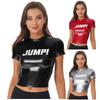 Womens Letter Print Crop Top Glossy Finish Crew Neck Short Sleeve Pullover Slim Fit Blouse Club Going Out Top