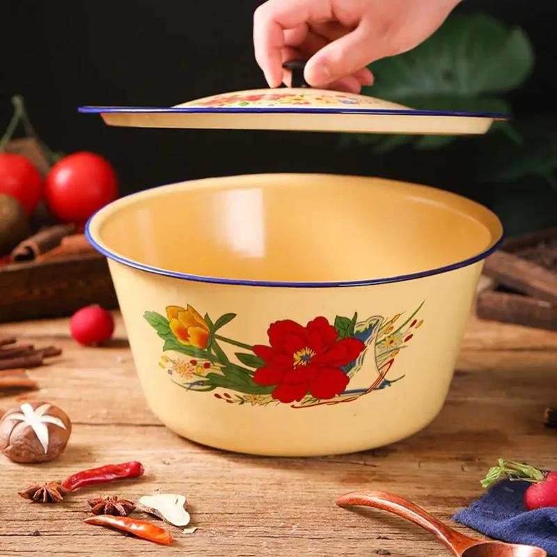 Enamel Bowl Old-Fashioned Nostalgic Retro Vintage Enamel Mixing Bowl with Lid Vegetable Salad Cake Container Chinese Soup Basin