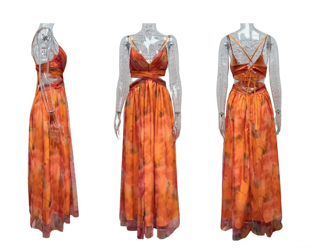 Cross2026 Europe Spring/Summer Mesh Print Spaghetti Strap Dress - INS Vacation Casual Party Style