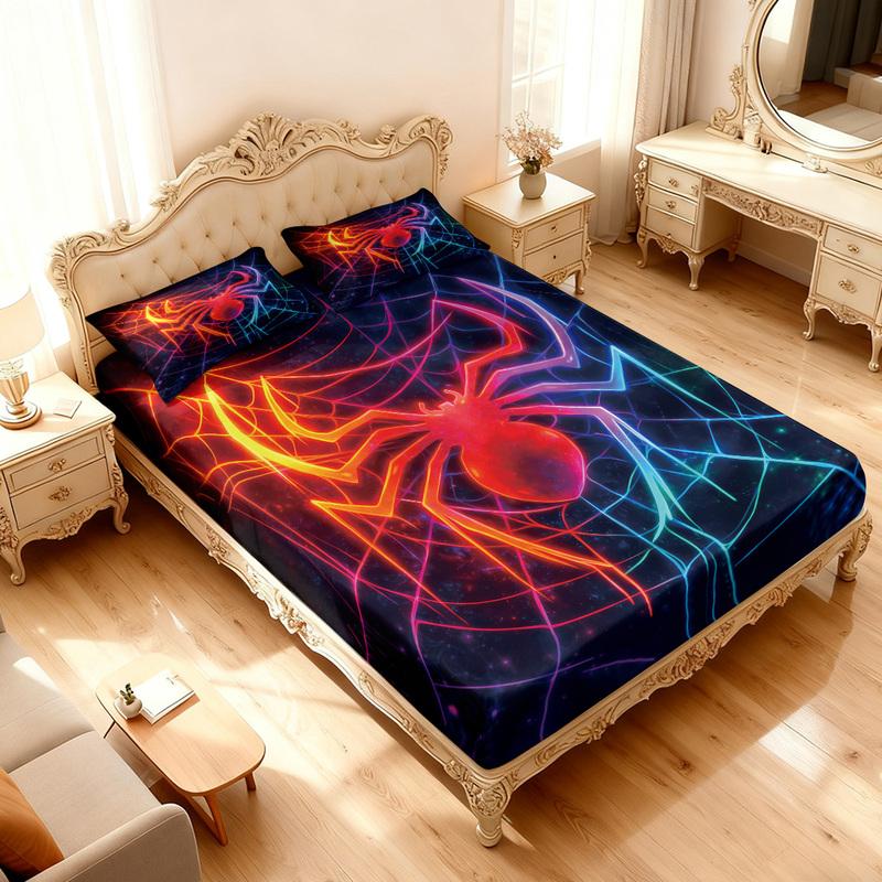 3pcs Colorful Spider Printed Coreless Bed Sheet Set, Multi Specification Soft Bed Cover, Bedroom Bedding Decoration, Washable