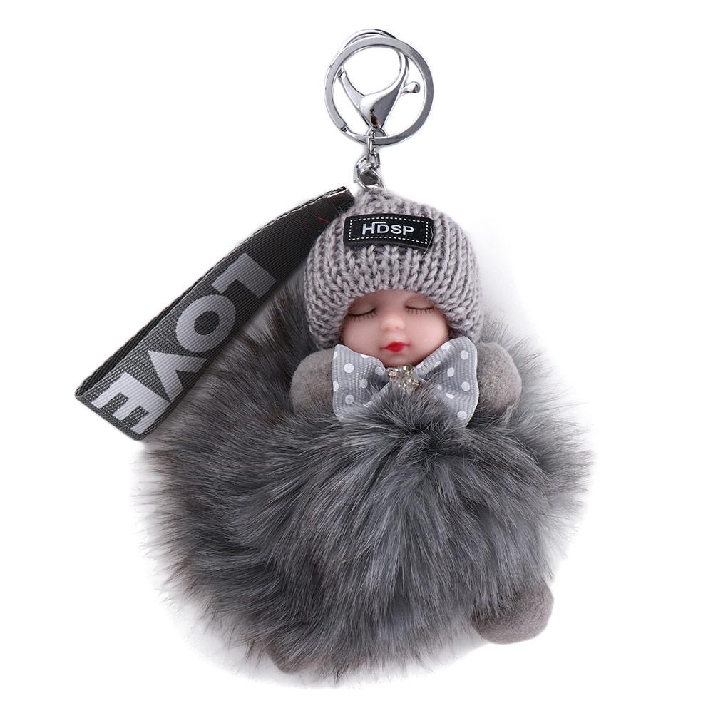 1 Stück Kawaii Plüsch Schlüsselanhänger Kreatives Schlafbaby Puppe Tasche Anhänger Niedlicher Bunter Pompon Autos Schlüsselring gray
