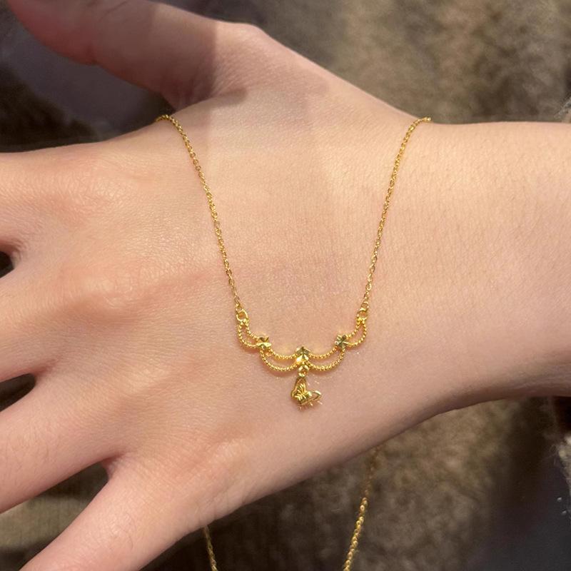 Misty Rain French Yellow Gold Hollow Silk Butterfly Necklace Exquisite Advanced Neck Chain Fashion Temperament Factory Direct Sales