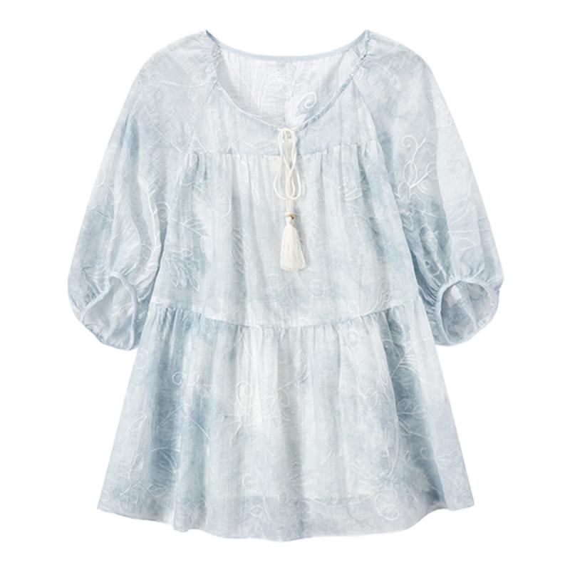 Women's Tie-Dye Jacquard Puff Sleeve Blouse
