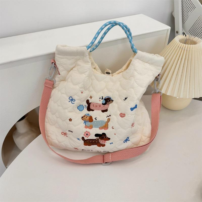 2 Cartoon Embroidery Soft Cute Messenger Bag Large Capacity Shoulder Tote Bag Quilting Cotton Commuter Tote Bag