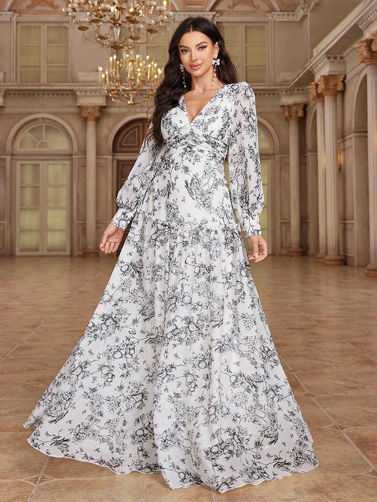 Women's European & American Fashion Chiffon Print Dress with Casual Back Tie and Long Sleeves for Evening Wear