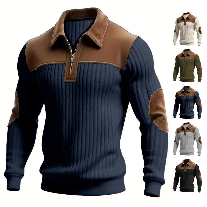 European Style Mens Knitwear Long Sleeve Patchwork Pullover Sweater Lapel Collar Casual Zipper Knitted Sweaters