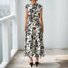 Women's White Black Floral Print V Neck Sleeveless Belted Waist Midi Dress
