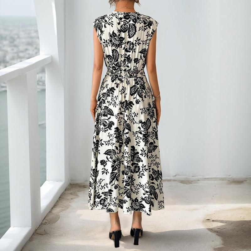 Women's White Black Floral Print V Neck Sleeveless Belted Waist Midi Dress