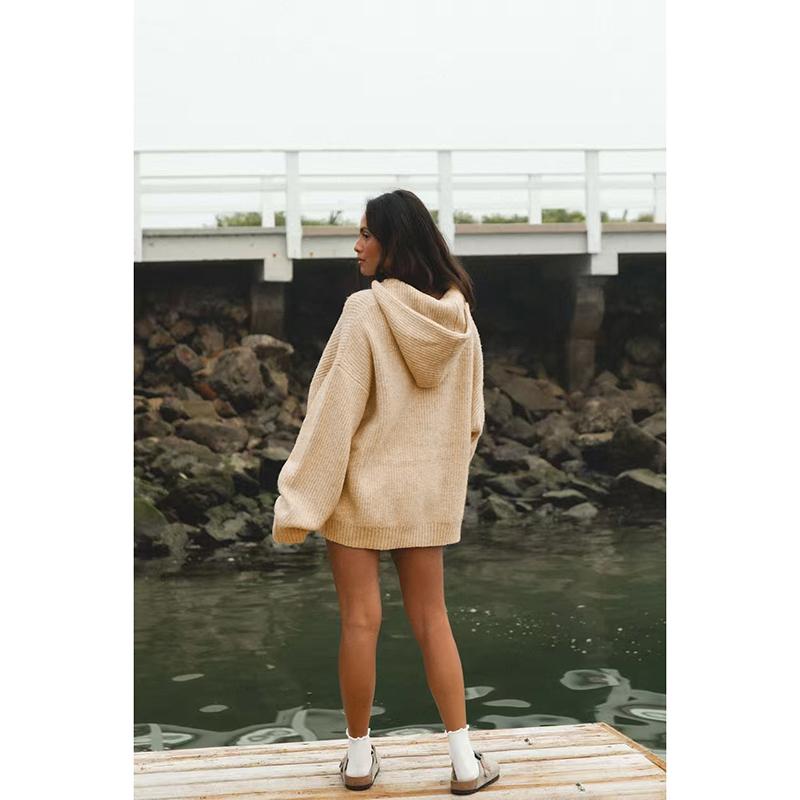 Women Loose Long Sleeve Hooded Knitted Sweater Casual Pullover Pure Color Hoodie Front Pocket Loose Fit Sweater Tops