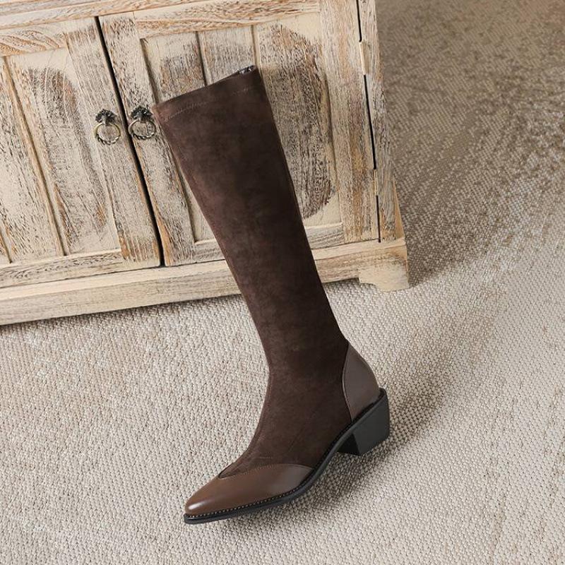 Autumn and winter middle heel Martin boots women's rubber sole large size women's boots solid color pointed square heel suede leather boots high bo