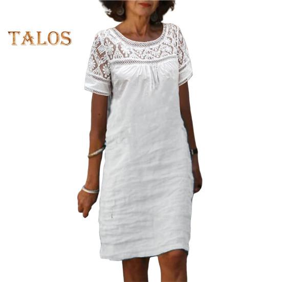 

Женские летние пляжные короткие платья с коротким рукавом и круглым вырезом, кружевное мини-платье, повседневный свободный хлопковый льняной сарафан S белый