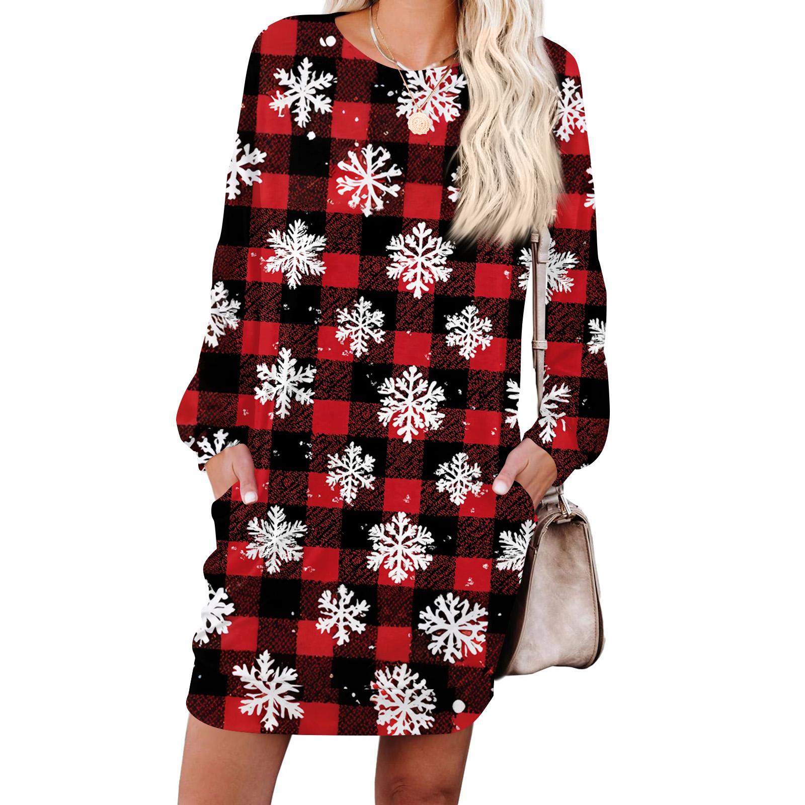 

Женское модное платье с длинными рукавами, круглым вырезом и карманом с принтом «снежинки» M