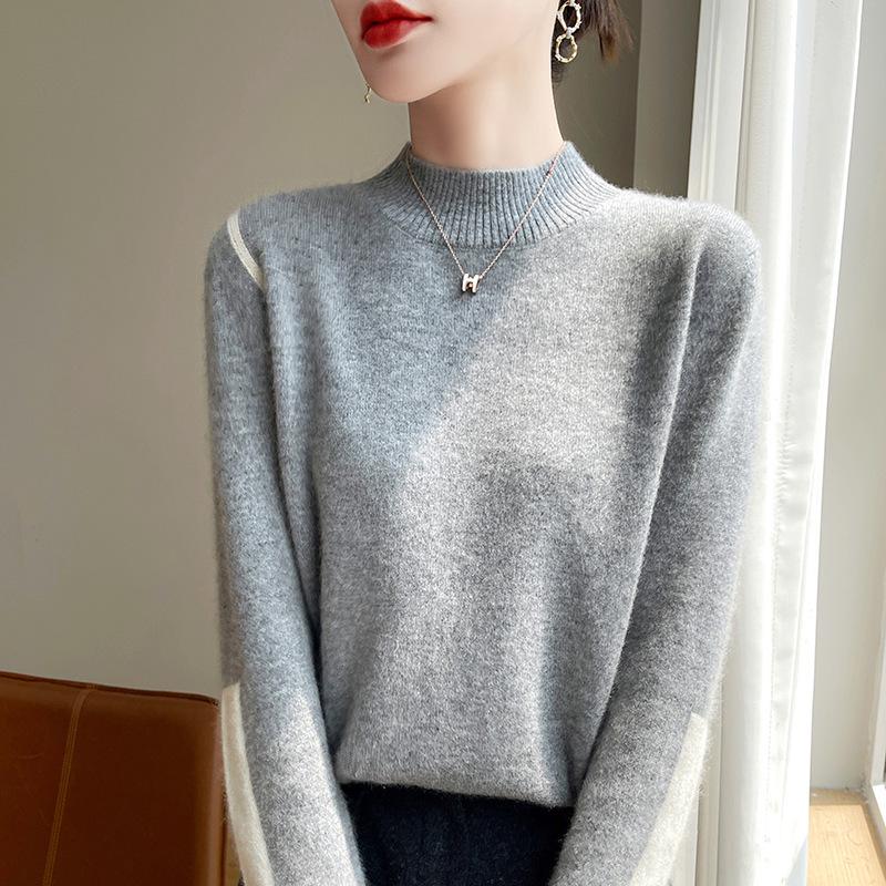 Women's Color Block Half-High Neck Wool Sweater, Skin-Friendly and Warm Knitwear for Autumn/Winter