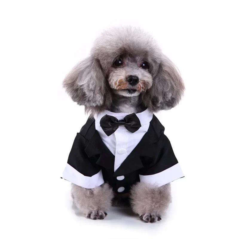Cute Striped Dog Tuxedo Tailcoat Wedding Outfit Gentleman Pet Suit with Bow Tie for French Bulldog Halloween Costume