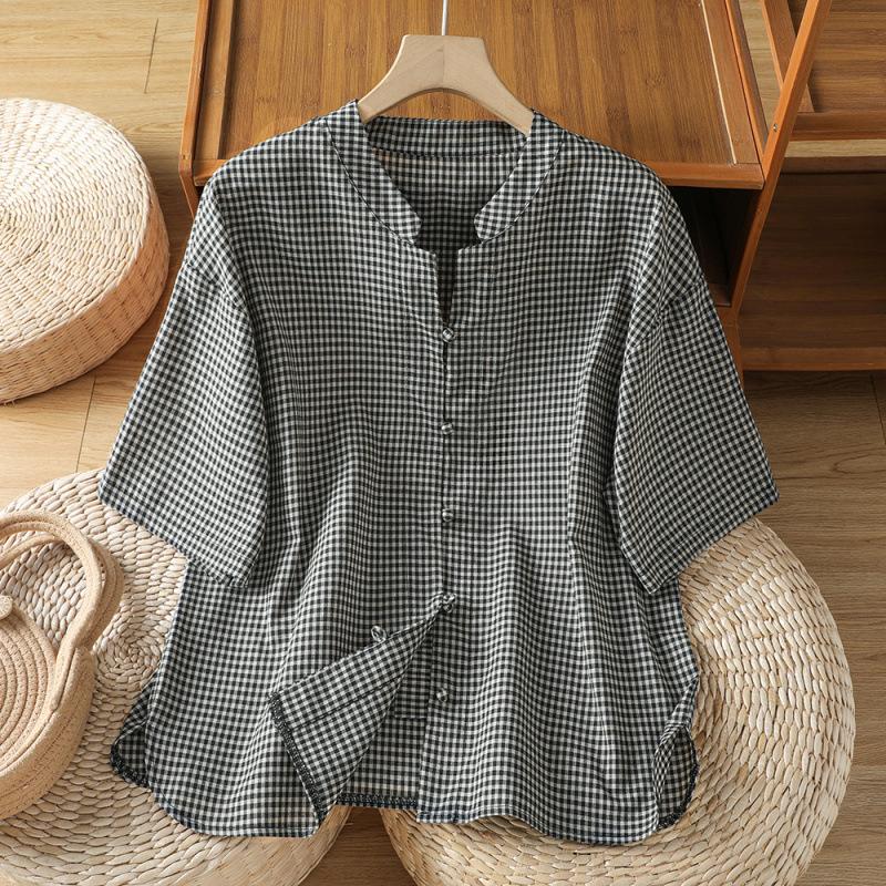 Women S Loose Retro Checkered Cotton Linen Short Sleeve Shirt M чёрный