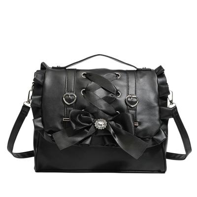Harujio Damen Kleine Umhängetasche mit Band, Handtasche, Rucksack, Lolita-Stil, Y2K, Schwarz, Horizontal, Umhängetasche, Crossbody-Tasche, Mini, Koreanisch