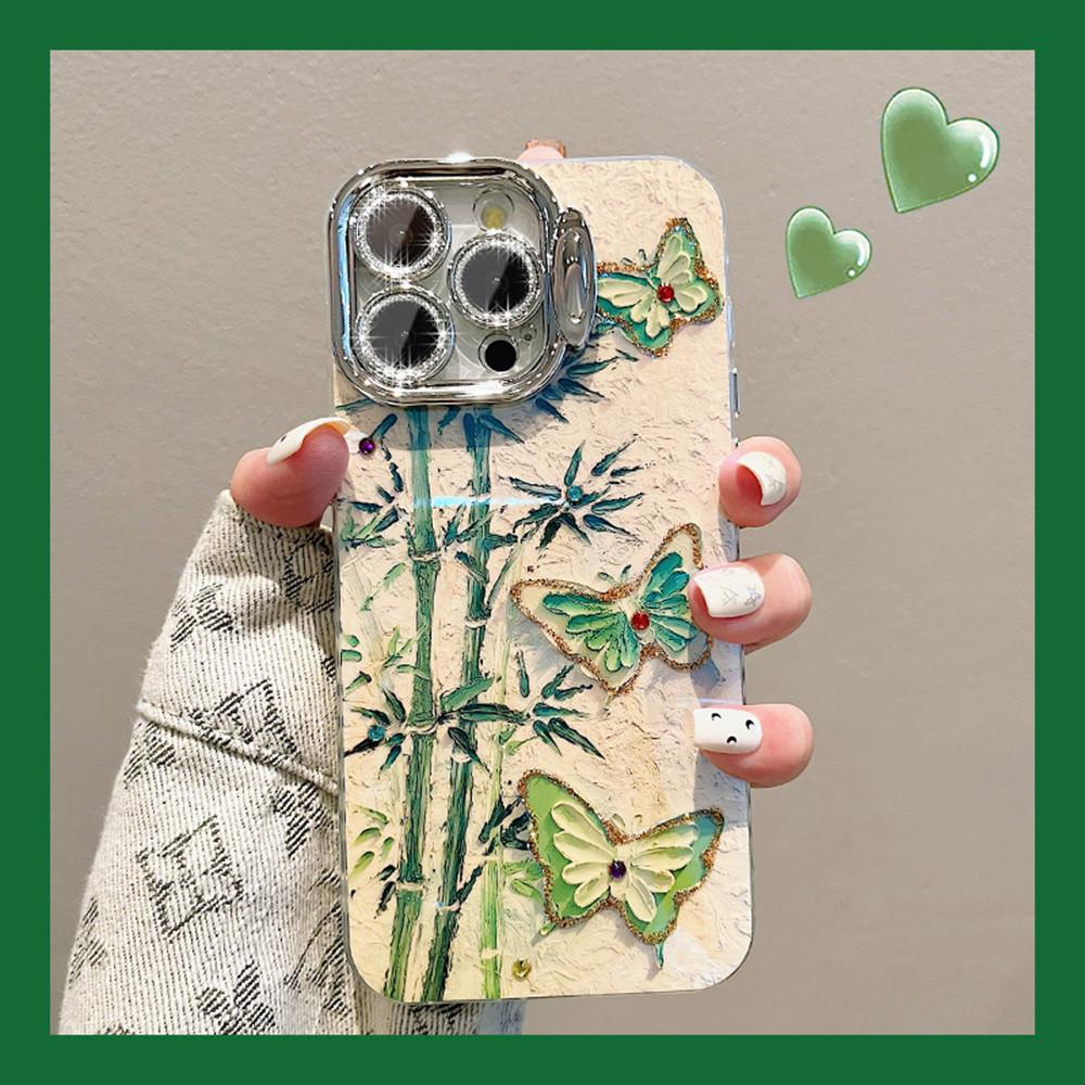 

С невидимым кронштейном объектива защитная пленка чехол для телефона для iPhone 15 14 Plus 11 12 13 Pro Max 12pro 14pro зеленый бамбуковый узор бабочки задняя крышка for iphone 14 Plus зелёный