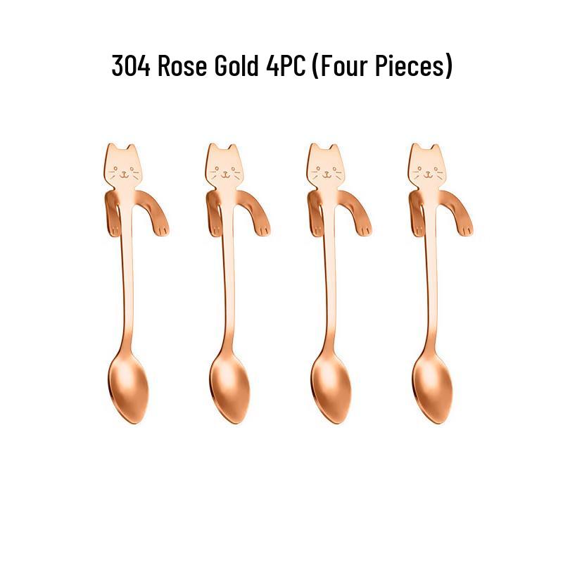 Cute Cartoon Cat Hanging Edge Coffee Stirring Spoons - 4-Piece Rose Gold Set