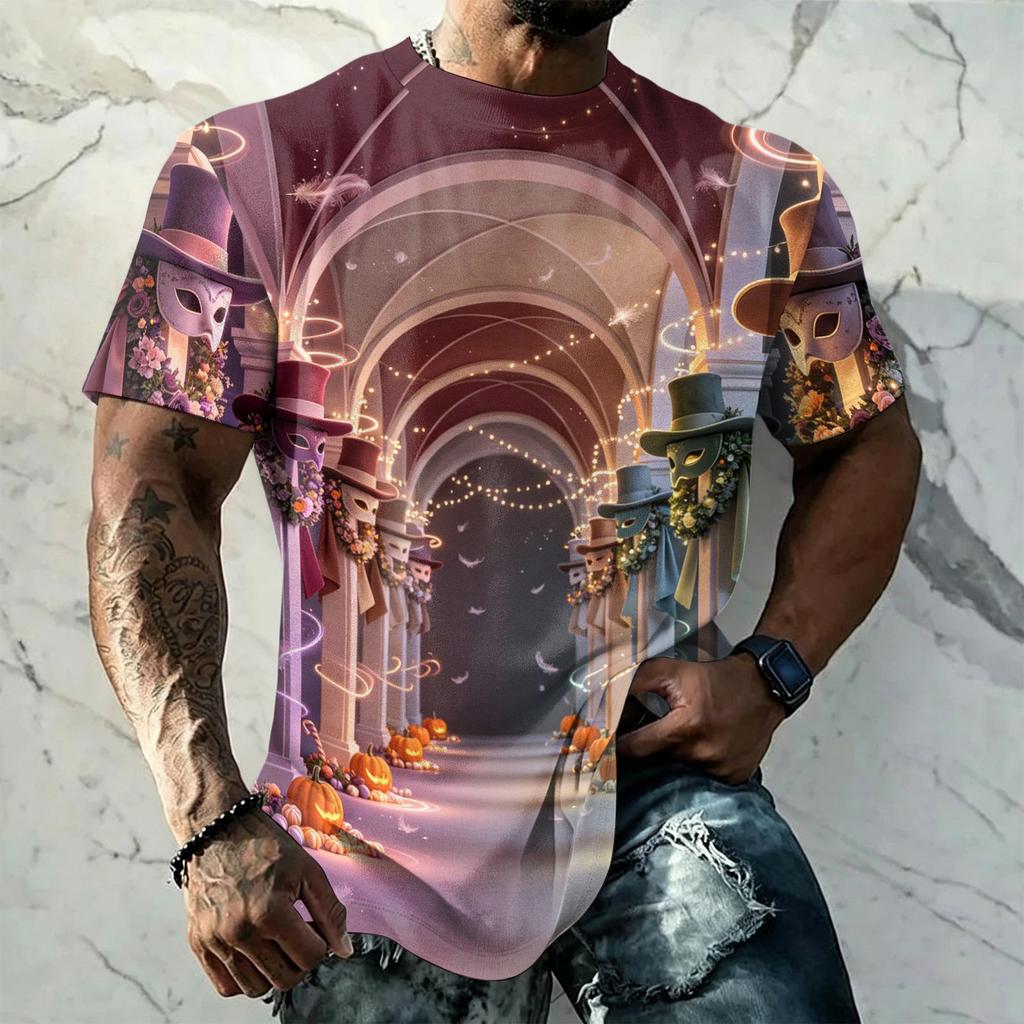 Men's Halloween Vintage Short Sleeve T Shirt Loose Fit Breathable Summer Sports Streetwear Casual Everyday Top with Pumpkin and Bat Print