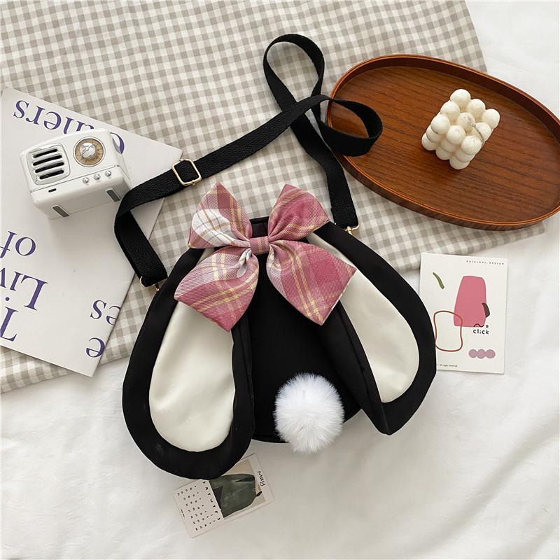 

Rabbit ear bag female cute funny bow canvas bag summer vitality girl student pearl chain messenger bag чорний