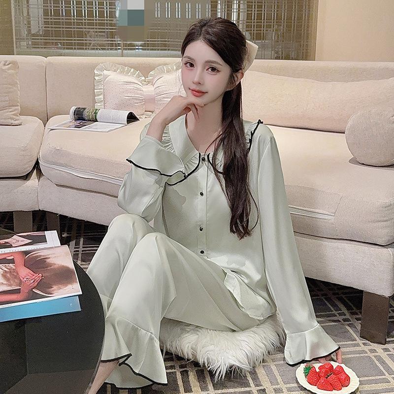 Ice Silk Pajamas Women's Spring and Autumn New Doll Collar Sweet Princess Style High-end Long-sleeved Trousers Loungewear Set