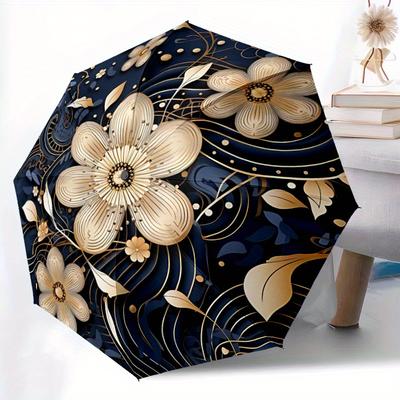 1pc Floral Ornament Automatic Open/close Folding Compact Umbrella, 8-Rib Sturdy Canopy, Lightweight Portable, Everyday Use, Gift, Outdoor Umbrella, Tr