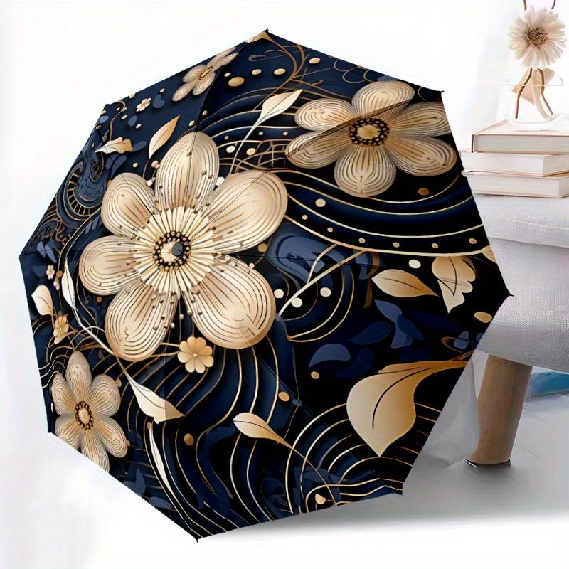 1pc Floral Ornament Automatic Open/close Folding Compact Umbrella, 8-Rib Sturdy Canopy, Lightweight Portable, Everyday Use, Gift, Outdoor Umbrella, Tr