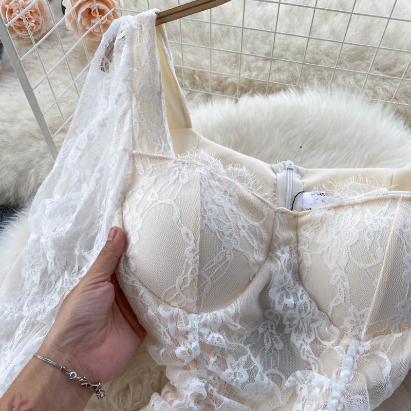 Frence seksowna koronkowa przezroczysta sukienka jednoczęściowa damska elegancka latarnia rękaw elegancka Mini sukienka Lady słodka impreza urodzinowa projektowanie mody odzież 2024