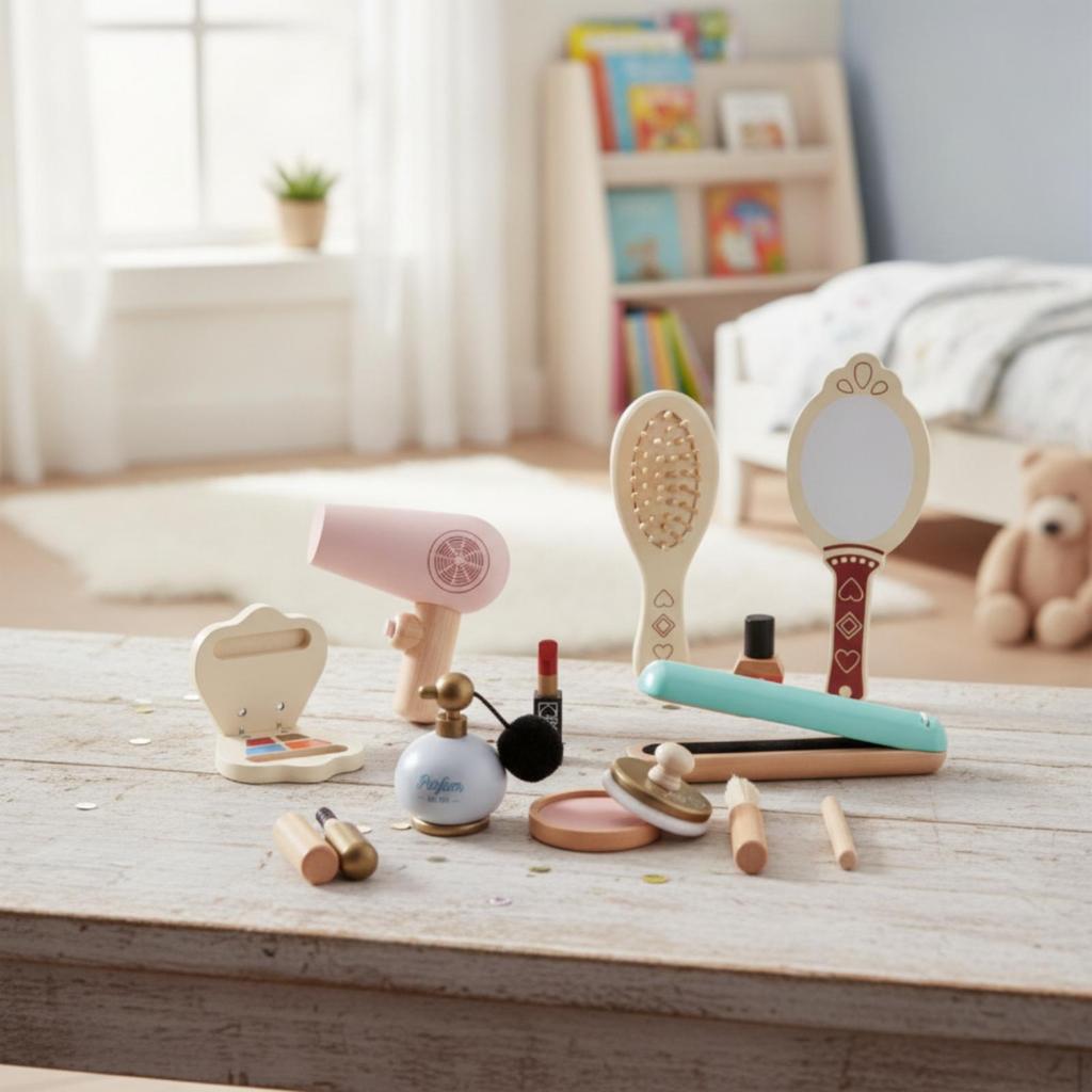 Wooden Pretend Makeup Kit Play Set Miniature for Kids
