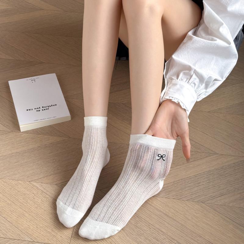 Female Summer Thin Embroidered Bow Mesh Breathable Tube Socks