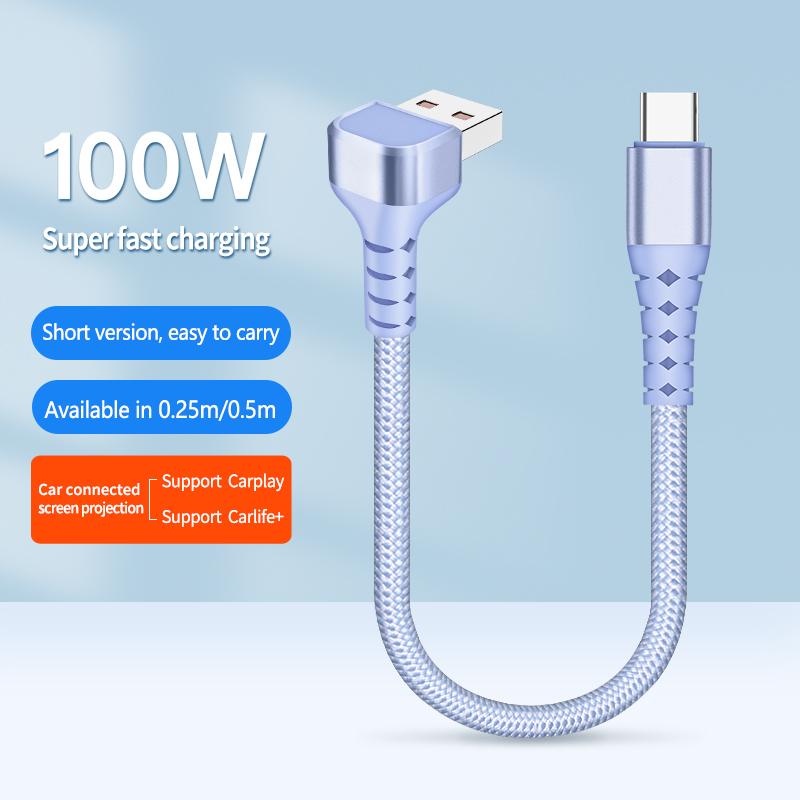 Factory Short USB Type-C Cable 5A Fast Charging 90 Degree Elbow Braided Portable Data Cable for iPhone