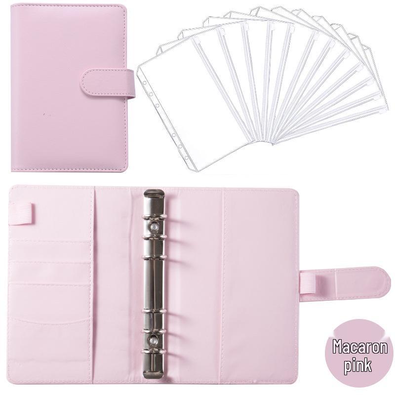 A6 Macaroon Leather Notebook Binder with 12 Refillable Zipper Pockets for Bills and Coins