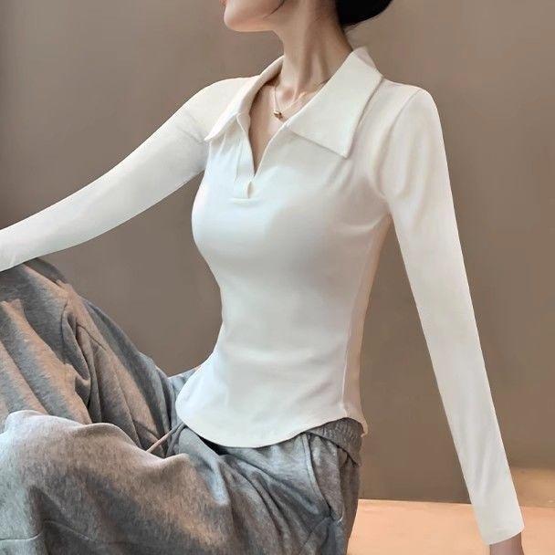 

Women s Slimming White Polo Collar Long Sleeve Tee - Pure & Sexy Spring/Autumn Top M білий