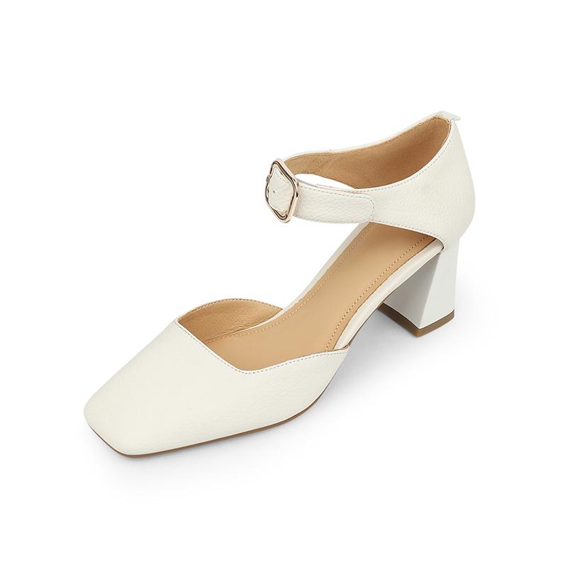 2024 Summer New Women Shoes Square Toe High Heels Cover Heel Shoes Women Genuine Leather Women Sandals Concise Retro Mary Janes