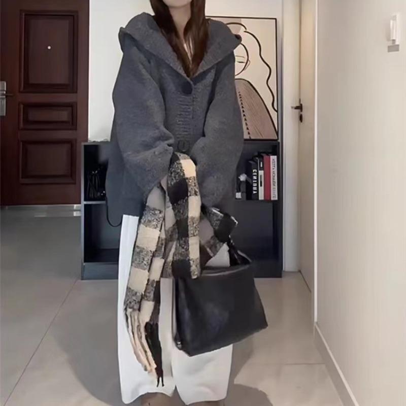 Vintage fashion hooded knitted cardigan top women's autumn and winter new soft waxy loose lazy wind sweater jacket