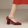 2025 New Red Bow Pearl Mary Jane Platform Lolita Heels for Women Chunky Wedding Shoes Waterproof Mid Heel Single Shoes